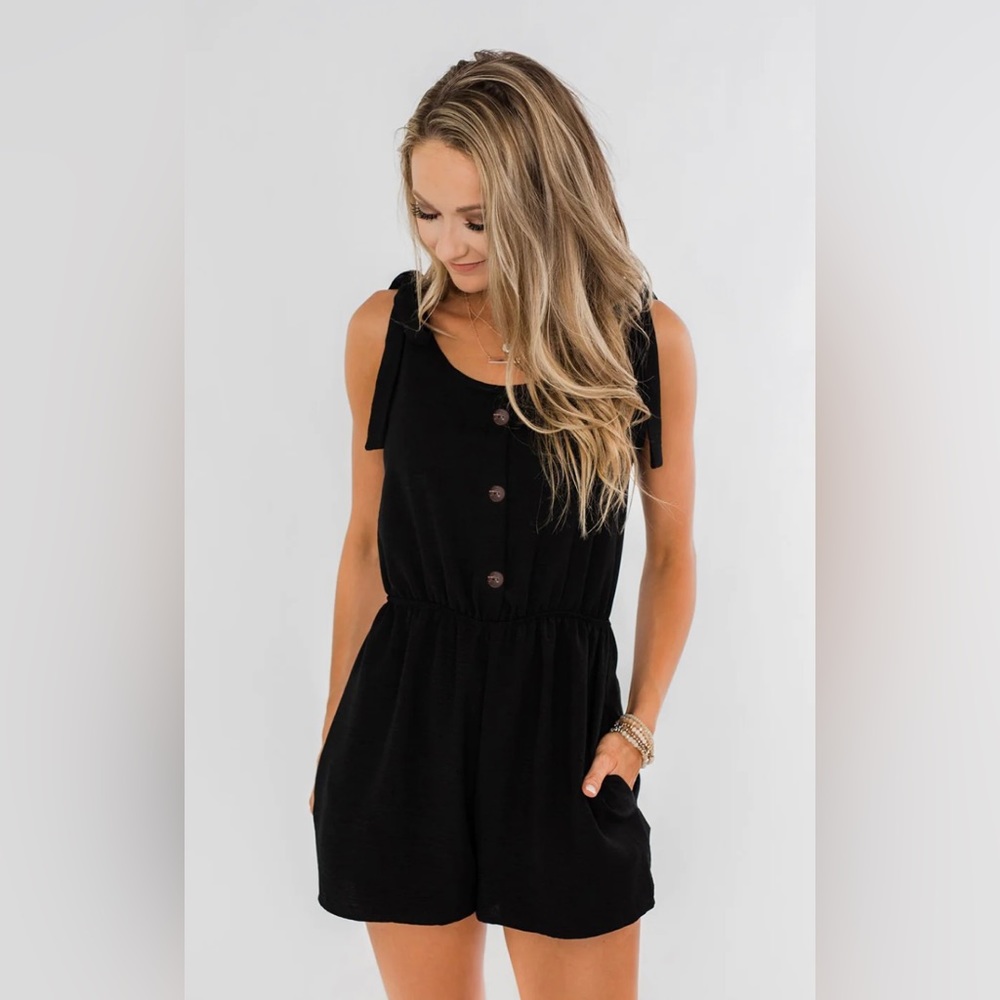Just In (Brand) Black Linen Romper with Shoulder Ties Button Front Sz L